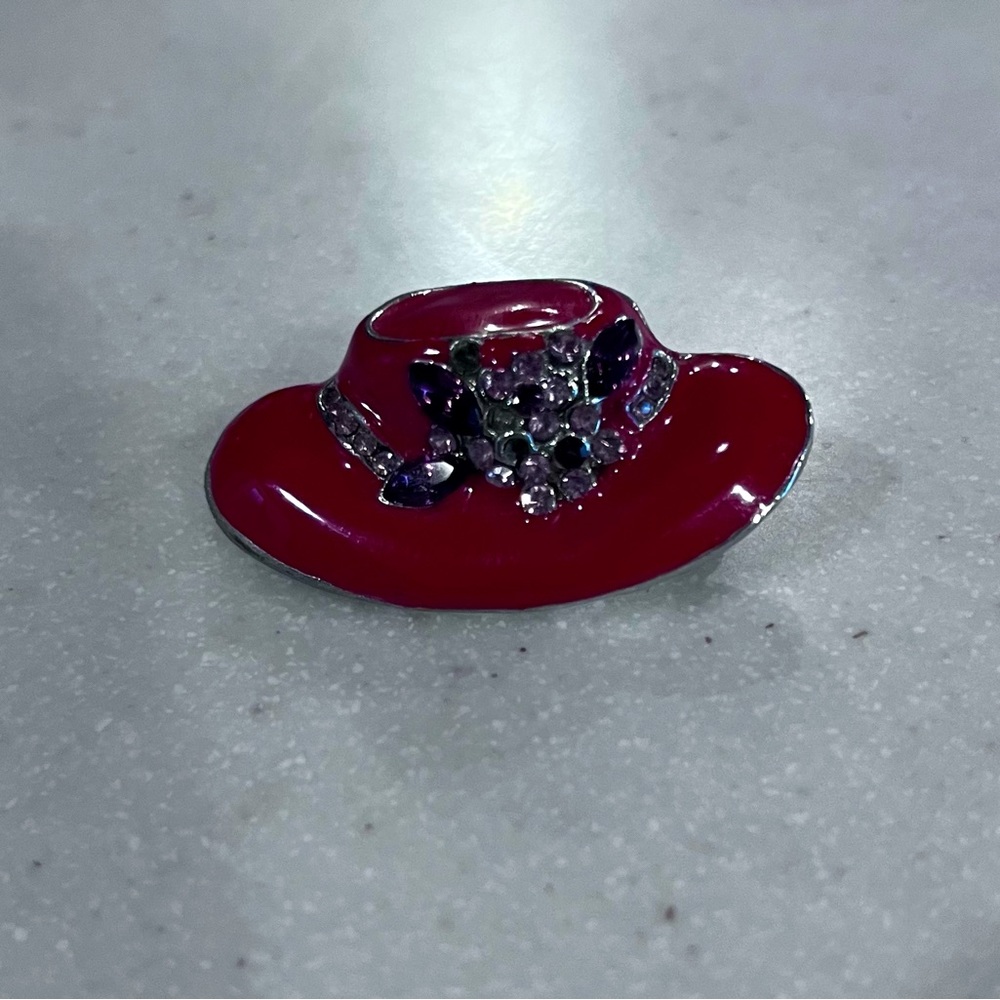 Red Hat society pin with red hat and purple gems like new gold accents